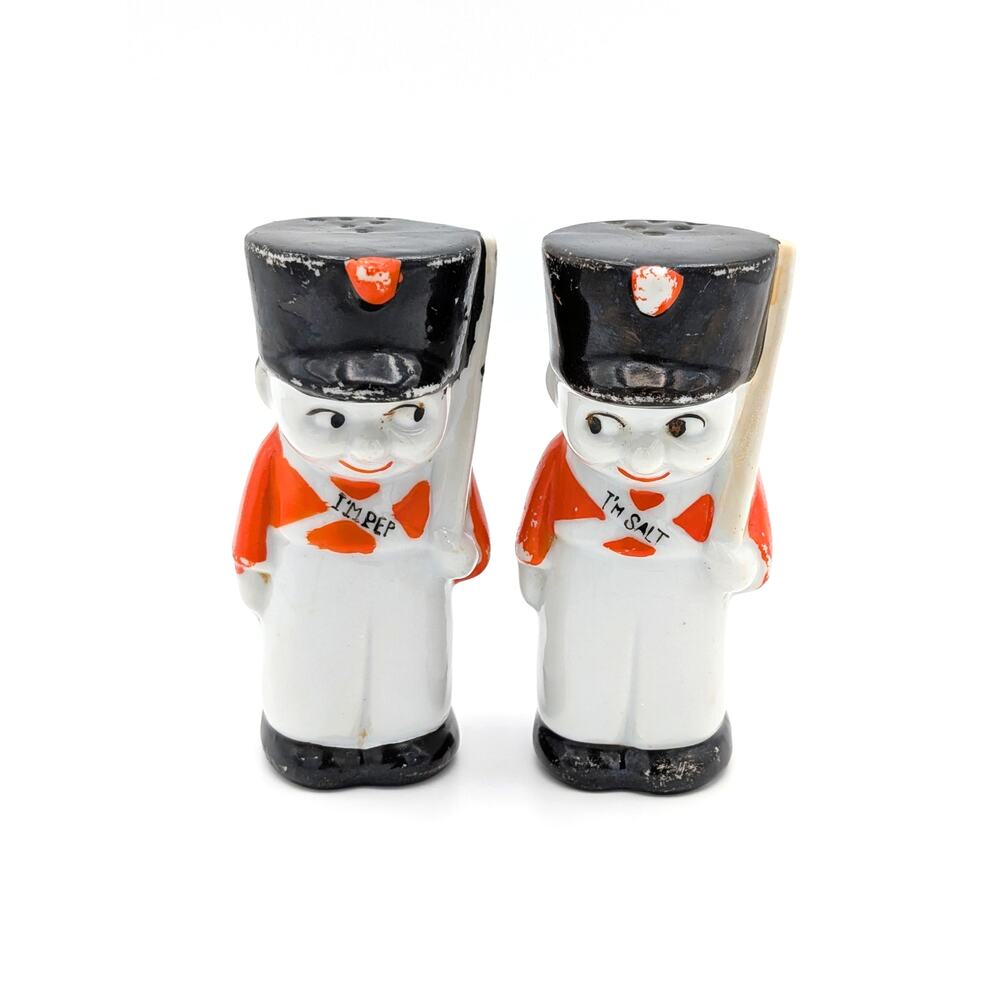 Vintage Japanese Toy Soldier Salt Pepper Shakers Porcelain Novelty Retro Kitsch